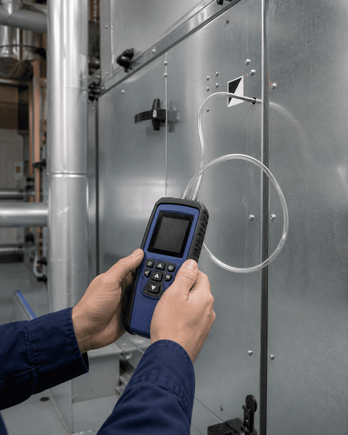 Technician using pressure measurement instrumentation on commercial HVAC equipment