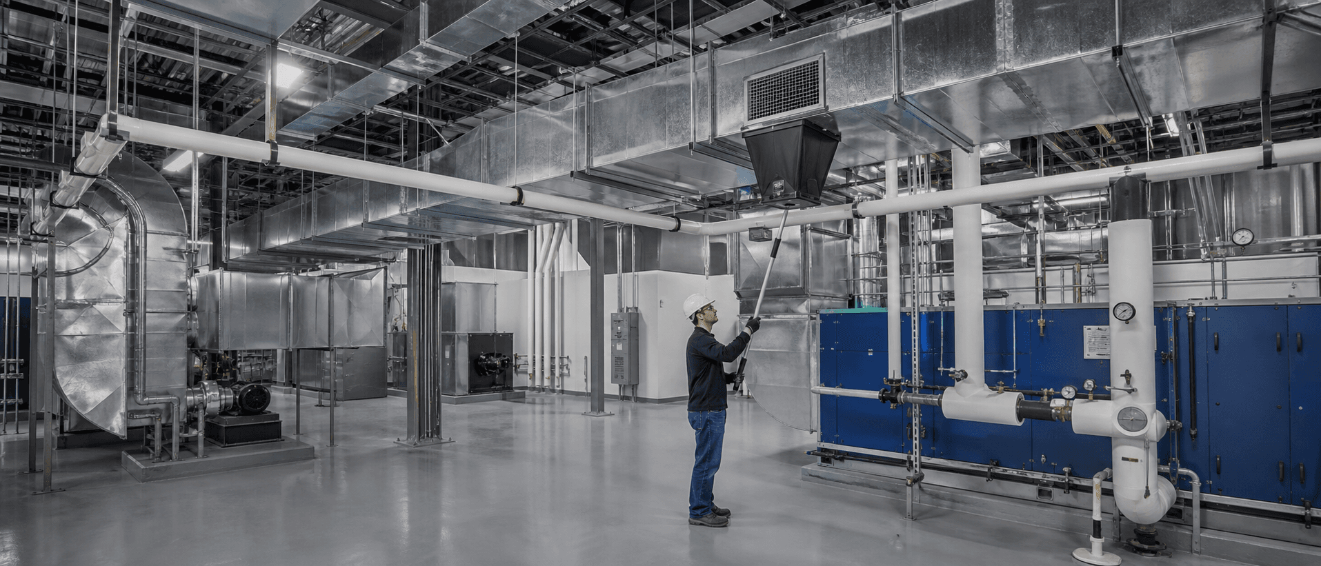 Technician measuring airflow in a large commercial mechanical room